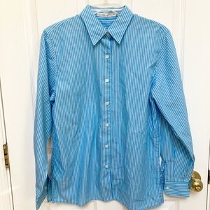 Foxcroft womens 8 blue stripe button front blouse career wrinkle free cotton ble